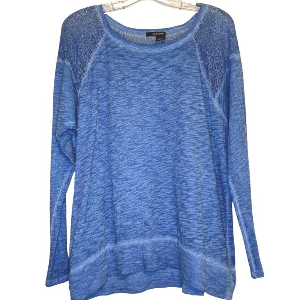 DKNY Jeans Top Womens Blue Crochet Lace Slub Knit Long Sleeve Soft Girl Boho M